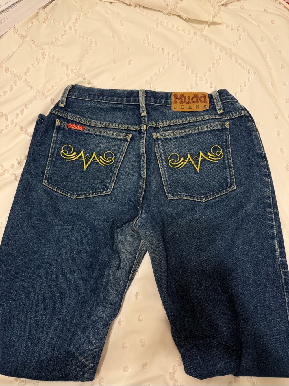 Mudd Women's Dark Blue Straight Leg Jeans with Yellow Embroidered Back Pockets